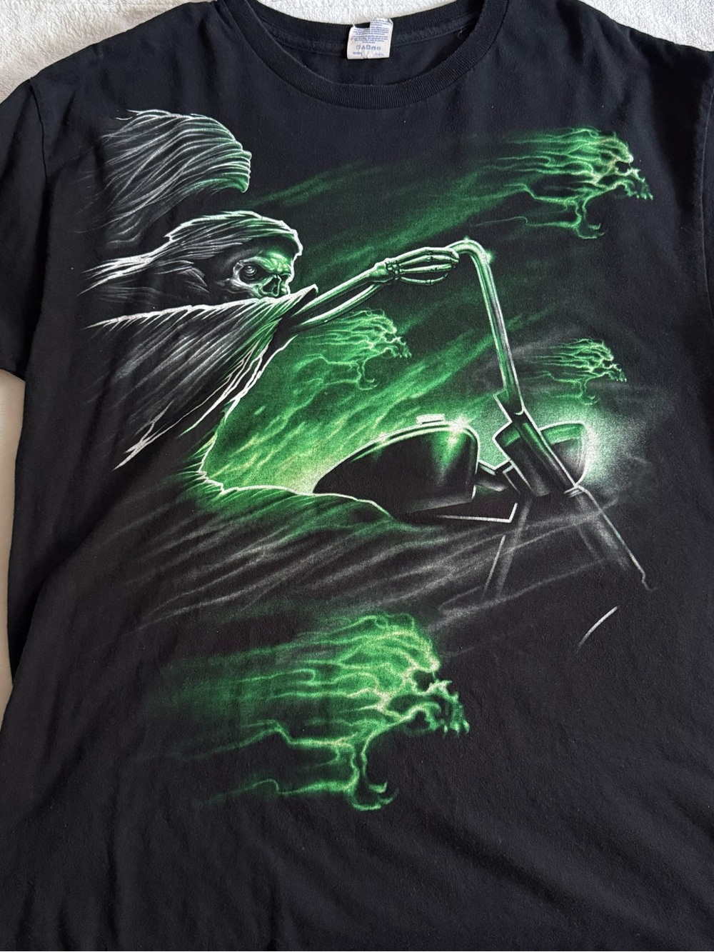 Gildan Black T-Shirt with Green Reaper Motorcycle Graphic